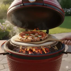 A kamado grill setup with a ceramic pizza stone accessory for cooking crispy, wood-fired pizzas at high temperatures.