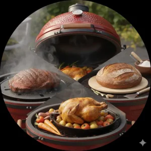 An illustration showing the multi-functional uses of a kamado grill for smoking meats, roasting vegetables, and baking sourdough bread.