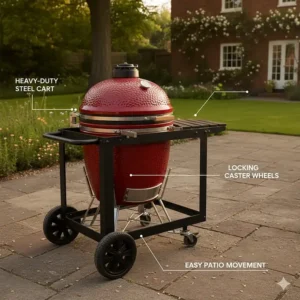 A kamado grill mounted on a heavy-duty powder-coated steel cart with locking wheels for easy patio movement.