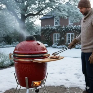 An illustration of a kamado grill being used in the British winter, highlighting its ability to maintain heat in cold weather.