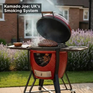 A red Kamado Joe Classic III ceramic grill featuring the SlōRoller hyperbolic smoke chamber and tiered cooking system.