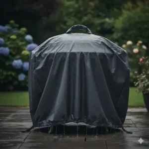 A heavy-duty waterproof black cover protecting a kettle BBQ from rain on a wet British patio.