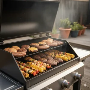 An open pellet grill lid revealing a large cooking surface filled with burgers, sausages, and vegetable skewers.