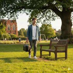 A person carrying a lightweight portable BBQ by the handle toward a park bench.