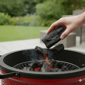 A pile of high-quality lump wood charcoal being added to a kamado grill for authentic smoky flavours.