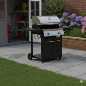 A sturdy gas barbecue under £200 with wheels for easy storage in a garden shed.