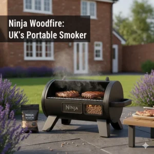 The Ninja Woodfire electric barbecue and smoker, showing its portable design and wood pellet smoke box.