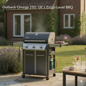 The Outback Omega 250 gas barbecue with a classic hood design and side table, a popular entry-level brand in the UK.