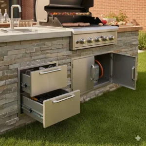 Built-in gas bbq setup featuring integrated stainless steel storage drawers and access doors for a gas canister.