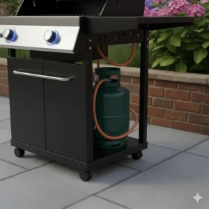 A gas BBQ connected to a standard green patio gas cylinder in a UK back garden.