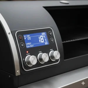 Close-up of a digital temperature controller on a pellet barbecue showing precise heat settings for slow roasting.