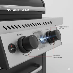 Close-up of a push-button piezo ignition system on a modern 2 burner gas BBQ control panel.