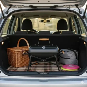 A folded portable BBQ tucked neatly into the boot of a small hatchback car alongside picnic gear.