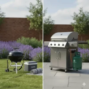 Illustration comparing a small, portable charcoal grill suitable for camping with a larger, permanent four-burner gas BBQ station.