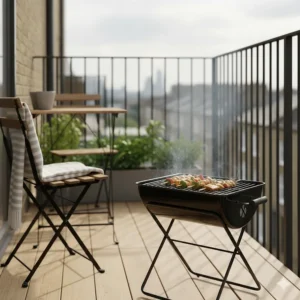 A portable folding charcoal BBQ being used on a small outdoor balcony with space-saving furniture.