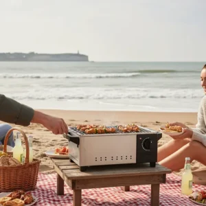 A portable gas BBQ under £200 being used for a British seaside picnic.