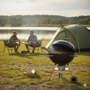 A portable charcoal kettle BBQ being used at a British lakeside campsite with a tent and campers in the background.