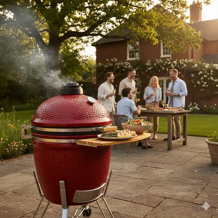 A classic red ceramic kamado grill positioned on a stone patio in a lush British garden during summer, with friends dining in the background. kamado grill
