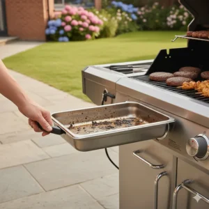 Illustration showing the easy-clean removable drip tray sliding out from under a gas barbecue.