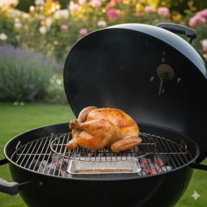 A perfectly roasted whole chicken sitting on the grill of a kettle BBQ with the lid open, showing the internal charcoal setup.