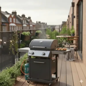 A compact gas BBQ for balcony use featuring a small patio gas bottle and safety valve.