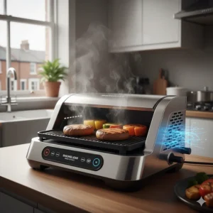 Illustration of smoke-reduction technology in an indoor electric grill, ideal for flat living and small UK kitchens.