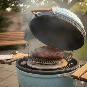 A light blue ceramic kamado barbecue integrated into a bespoke timber outdoor kitchen unit with stone worktops in a modern British garden.