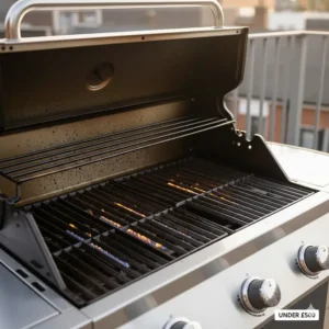 Close-up of durable stainless steel burners on a mid-range gas BBQ.