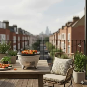 A stylish ceramic tabletop BBQ sitting on a wooden garden table on a contemporary terrace.