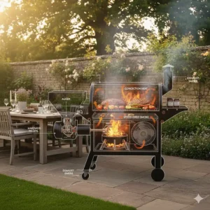 Internal view of the motor-driven auger feeding wood pellets into the firepot of a Traeger grill.