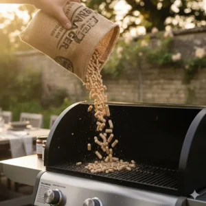 Close-up of 100% natural hardwood pellets being poured into a Traeger pellet grill hopper.
