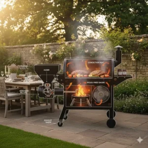 Illustration showing the internal convection heat flow and smoke circulation inside a Traeger pellet grill.