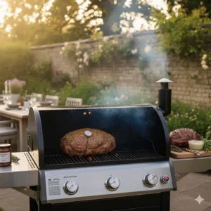 A large beef joint being wood-fired on a Traeger pellet grill for a traditional British Sunday roast.