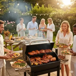 A variety of grilled meats and vegetables on a Traeger grill during a British summer garden party.