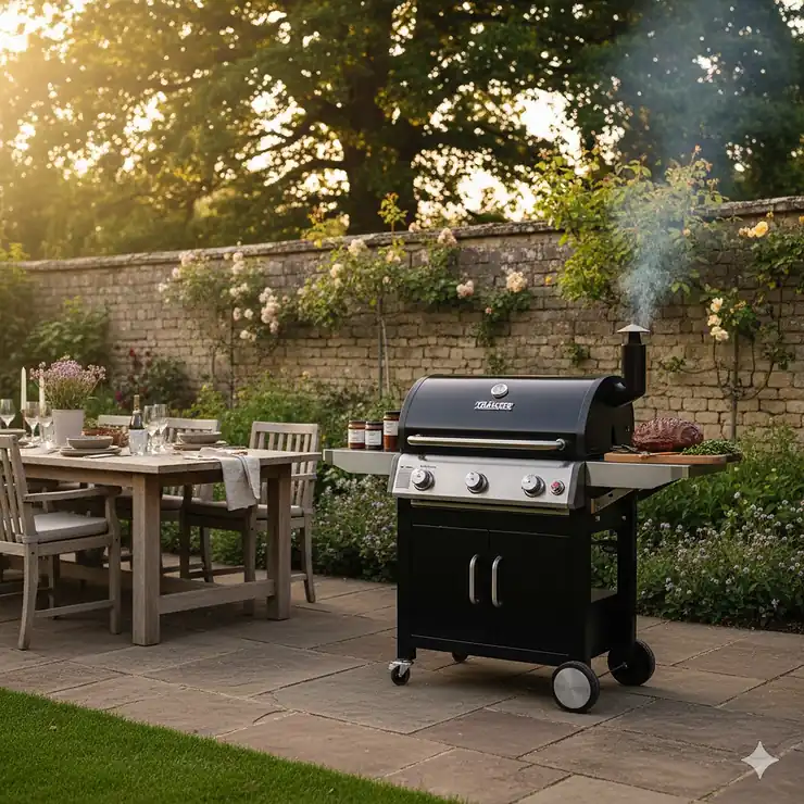 A Traeger pellet grill positioned on a stone patio in a modern British garden, ready for outdoor entertaining. traeger pellet grill