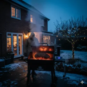 A Traeger pellet grill in use during a British winter, demonstrating its ability to maintain heat in cold weather.