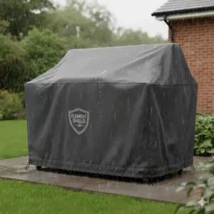 A heavy-duty waterproof element shield cover protecting a built-in gas bbq from typical British rain.