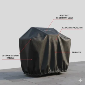 A 2 burner gas BBQ protected by a heavy-duty waterproof cover to suit British weather conditions.