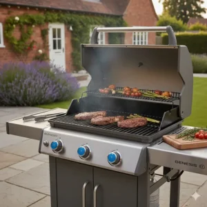The expandable top cooking grate on a Weber Genesis gas BBQ providing extra space for keeping food warm.