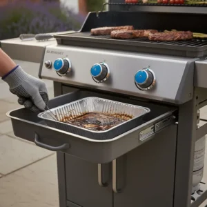 The front-access grease management system and pull-out tray on a Weber Genesis gas BBQ for easy cleaning.