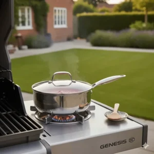 The integrated side burner of a Weber Genesis BBQ being used to simmer a sauce in a pan.