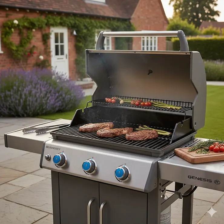 A Weber Genesis gas BBQ positioned on a stone patio in a British garden setting, featuring the lid open and food cooking on the grates. weber genesis gas bbq