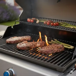 Close-up of the Sear Zone on a Weber Genesis gas BBQ with steaks achieving perfect sear marks.