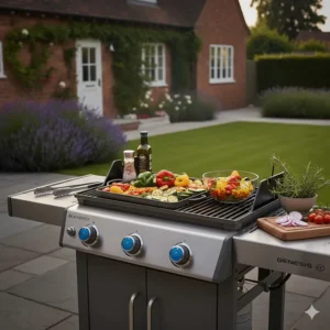 An extra-large side prep and serve table on a Weber Genesis BBQ with a tray of seasoned vegetables.