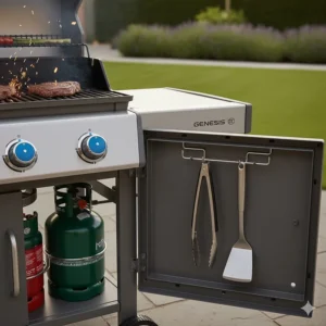 Internal storage cabinet of a Weber Genesis gas BBQ showing space for a patio gas bottle and tools.