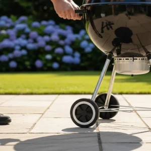 Durable all-weather wheels on the Weber Original Kettle, shown being moved across a stone garden patio.