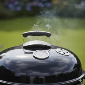 Close-up of the Weber kettle lid thermometer showing temperature readings in Celsius for precise UK outdoor cooking.