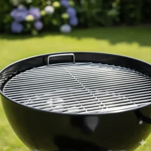 A clean, triple-plated steel cooking grate inside the Weber Original Kettle, ready for charcoal grilling.