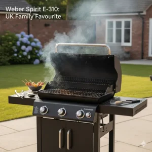 The Weber Spirit E-310 gas barbecue with three burners and porcelain-enamelled flavouriser bars, a top choice for UK families.