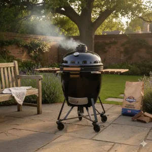 A portable blue mini kamado barbecue cooking vegetable skewers at a British glamping site with a bell tent in the background.